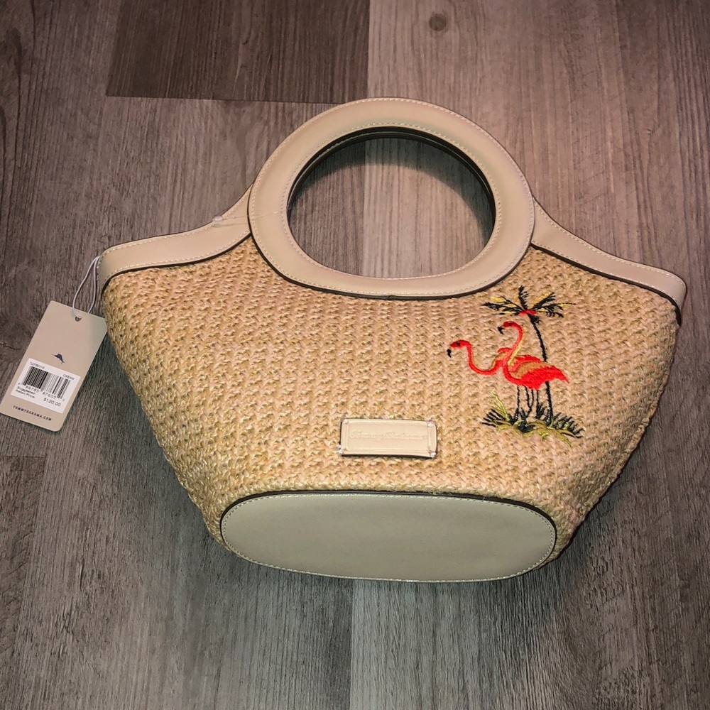 Tommy Bahama Woven Straw Mini Tote Bag Color Cream Embroidered Flamingo NWT